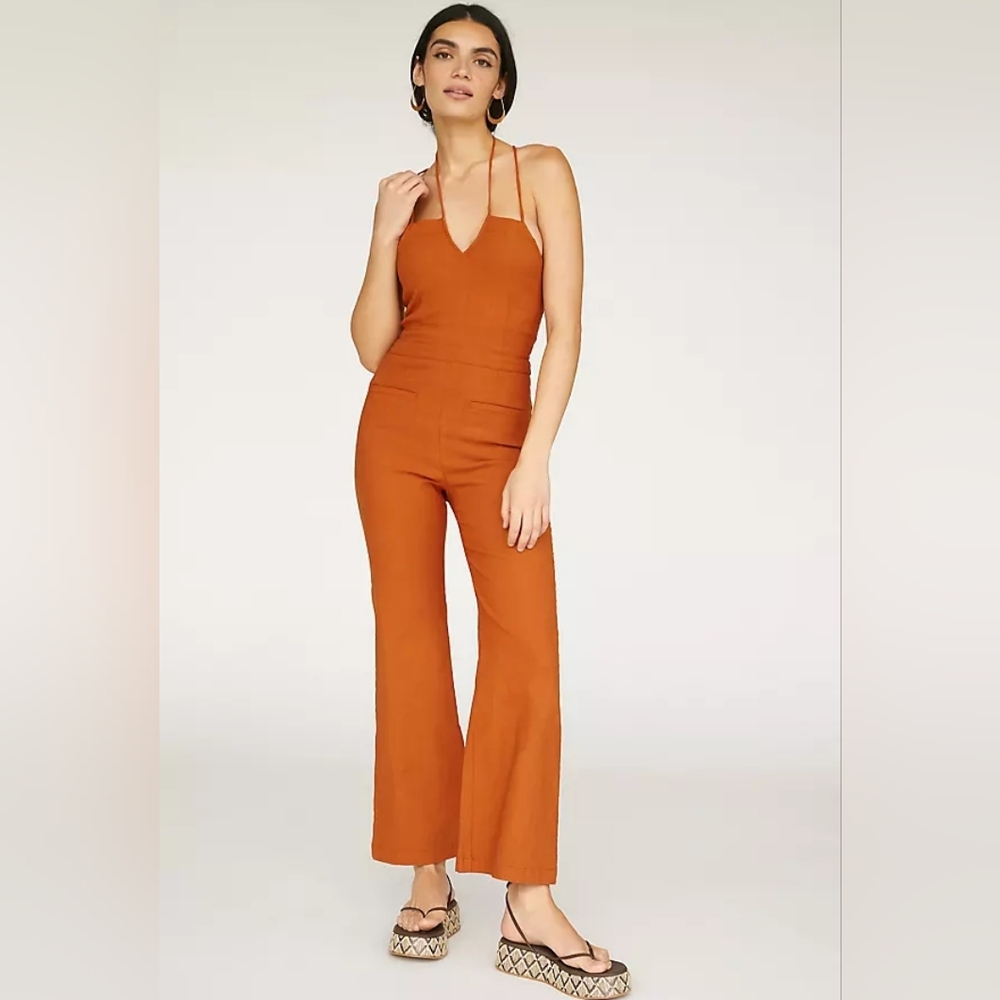 Anthro Maeve Colette Orange Jumpsuit Crisscross Back Sleeveless Wide Leg - Picture 2 of 9
